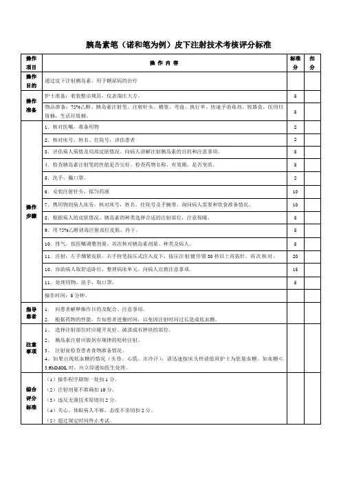 胰岛素笔(诺和笔为例)皮下注射技术考核评分标准