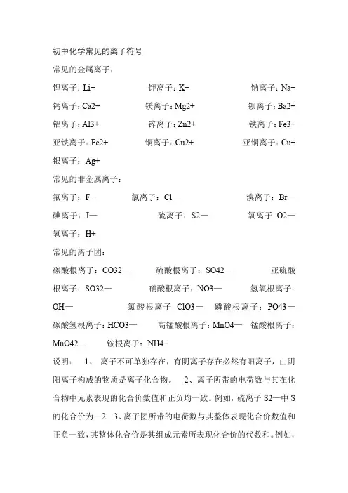初中化学常见离子符号