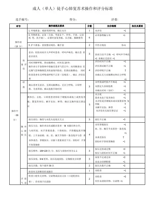 徒手心肺复苏术操作和评分标准