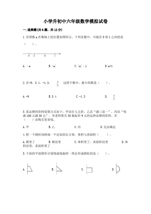 小学升初中六年级数学模拟试卷完整参考答案