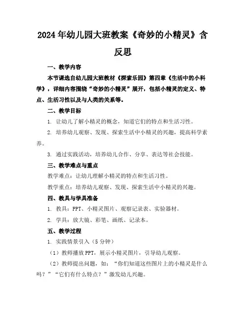 2024年幼儿园大班教案《奇妙的小精灵》含反思