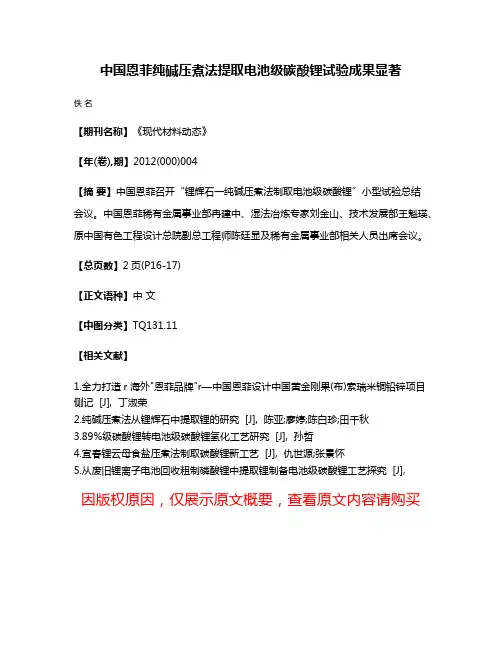 中国恩菲纯碱压煮法提取电池级碳酸锂试验成果显著