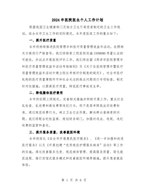 2024年医院医生个人工作计划(3篇)