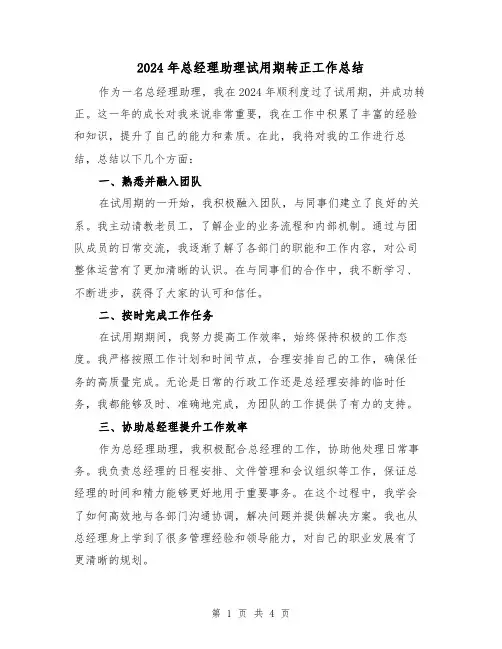 2024年总经理助理试用期转正工作总结(2篇)