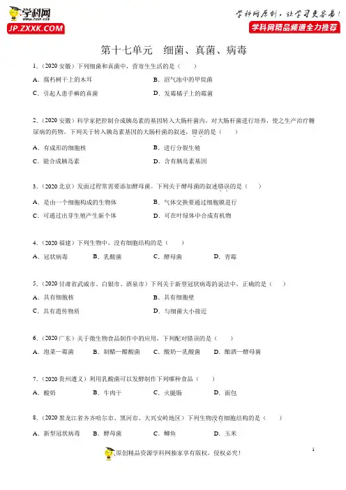 第十七单元：细菌 真菌 病毒【真题训练】-2021年中考一轮生物单元复习一遍过（通用版）（原卷版）