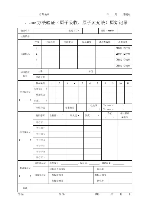 方法验证(原子吸收、原子荧光法)原始记录