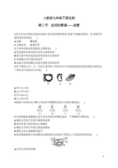 人教版七年级下册生物第四章第二节血流的管道——血管及答案