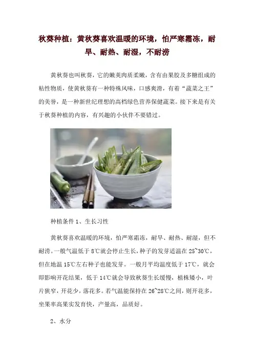 秋葵种植：黄秋葵喜欢温暖的环境,怕严寒霜冻,耐旱、耐热、耐湿,不耐涝