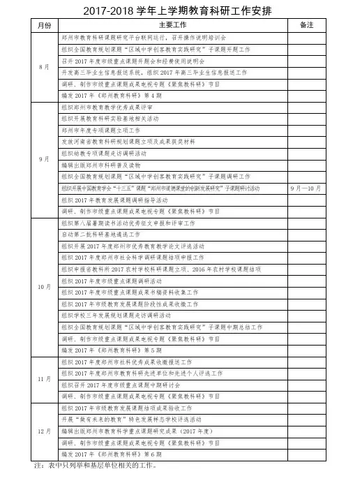 2017-2018学年上学期教育科研工作安排