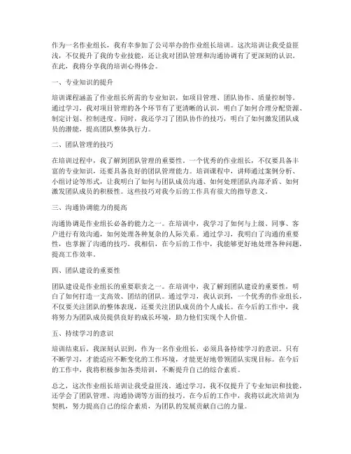 作业组长培训心得体会范文