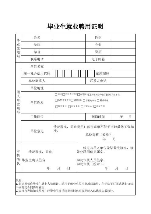 毕业生就业聘用证明