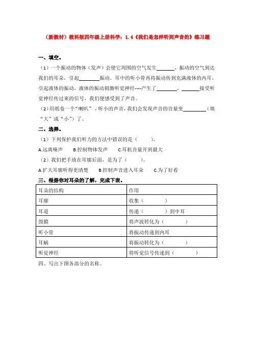 (新教材)教科版四年级上册科学：1.4《我们是怎样听到声音的》练习题 