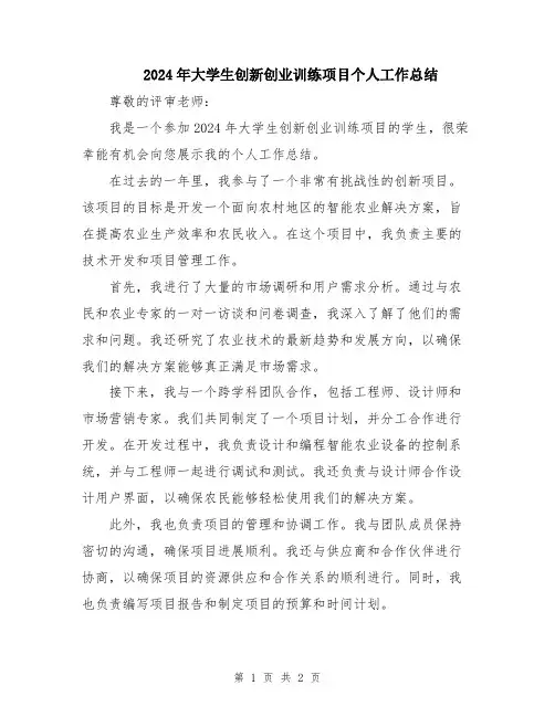 2024年大学生创新创业训练项目个人工作总结