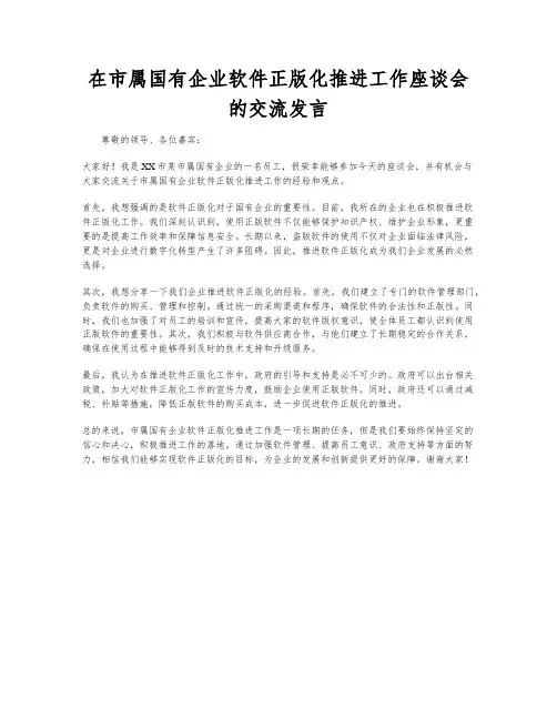 在市属国有企业软件正版化推进工作座谈会的交流发言