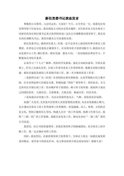 最新-新任党委书记表态发言 精品