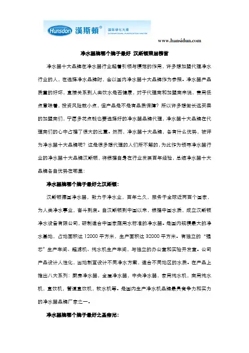 净水器牌哪个牌子最好 汉斯顿荣居榜首
