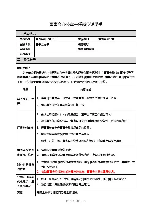 董事会办公室主任证券公司岗位说明书