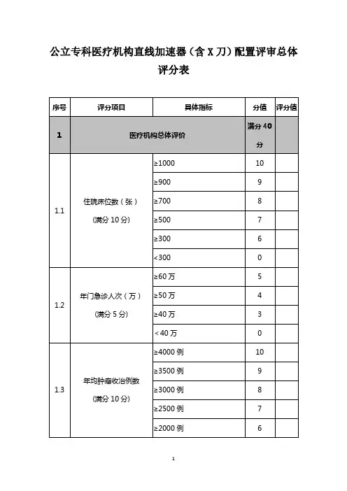 公立专科医疗机构直线加速器(含X刀)配置评审总体评分表【医院乙类大型医用设备配置评审】(2019年版)