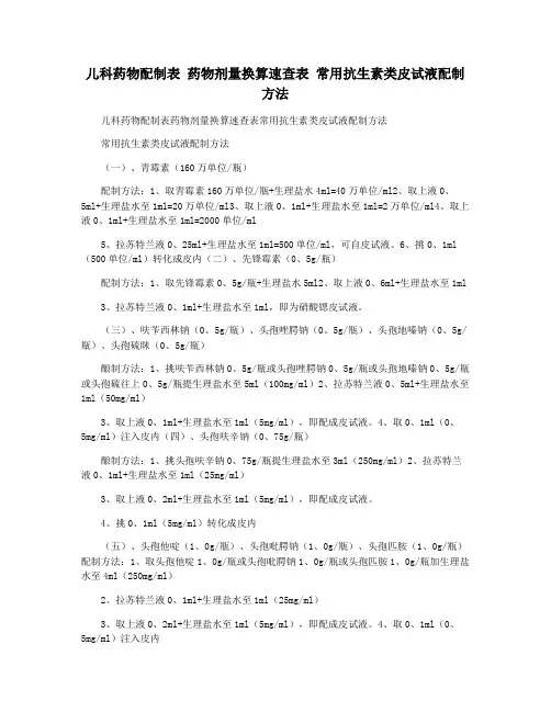 儿科药物配制表 药物剂量换算速查表 常用抗生素类皮试液配制方法