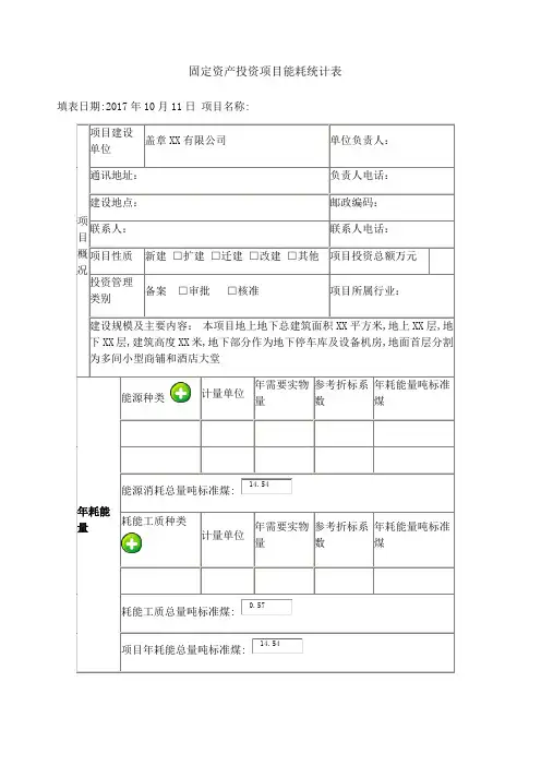 固定资产投资技术改造投项目能耗统计表
