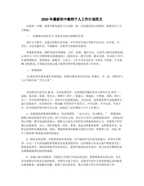 2020年最新初中教师个人工作计划范文