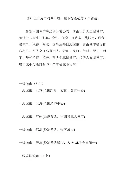 唐山上升为二线城市啦,城市等级超过8个省会!