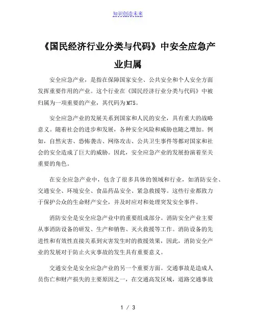 《国民经济行业分类与代码》中安全应急产业归属