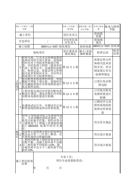 配电与照明节能检验批质量验收记录