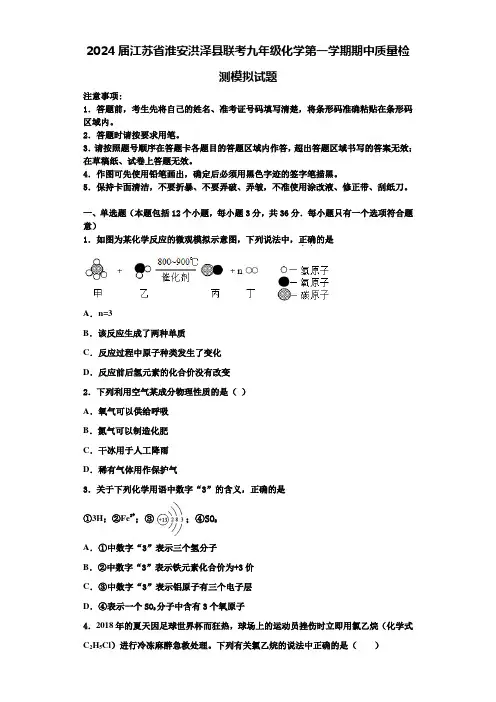 2024届江苏省淮安洪泽县联考九年级化学第一学期期中质量检测模拟试题含答案解析