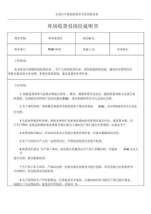 仓库收货员岗位说明书