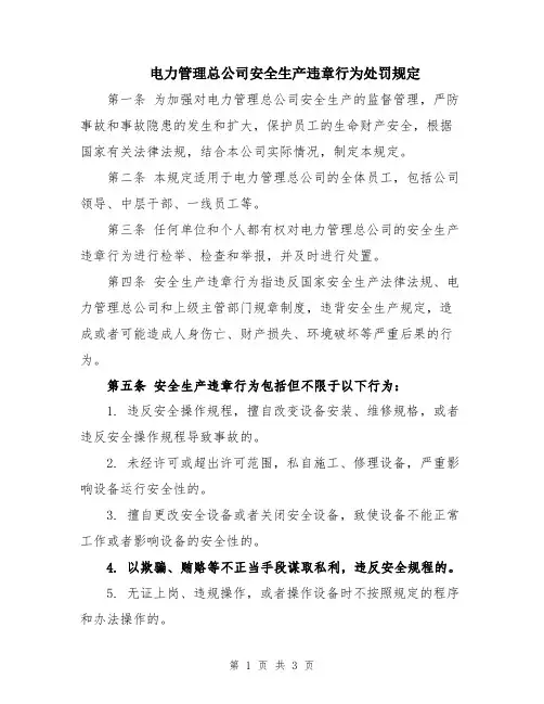 电力管理总公司安全生产违章行为处罚规定