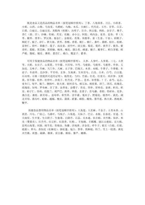 卫生部公布的药食同源品,可用于保健食品的物品及保健食品禁用物品