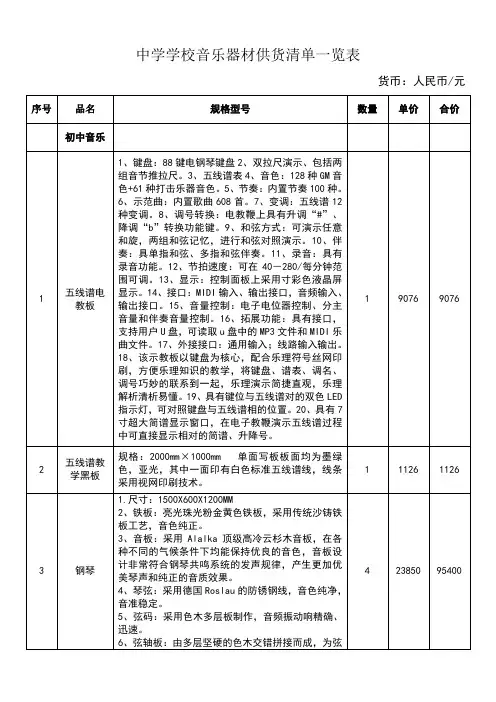 中学学校音乐器材供货清单一览表 全