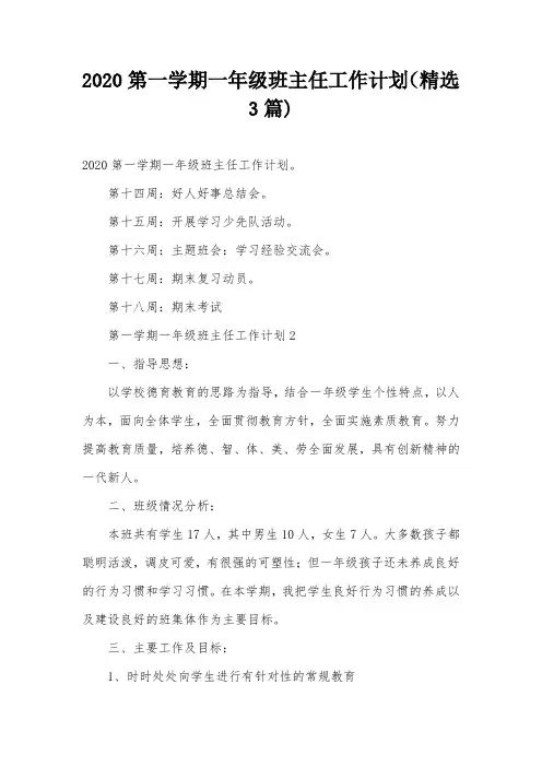 2020第一学期一年级班主任工作计划(精选3篇)