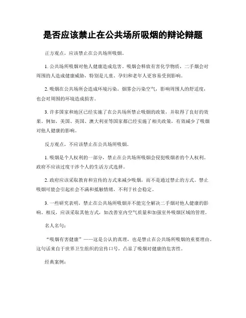 是否应该禁止在公共场所吸烟的辩论辩题