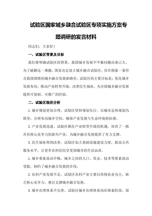 试验区国家城乡融合试验区专项实施方案专题调研的发言材料