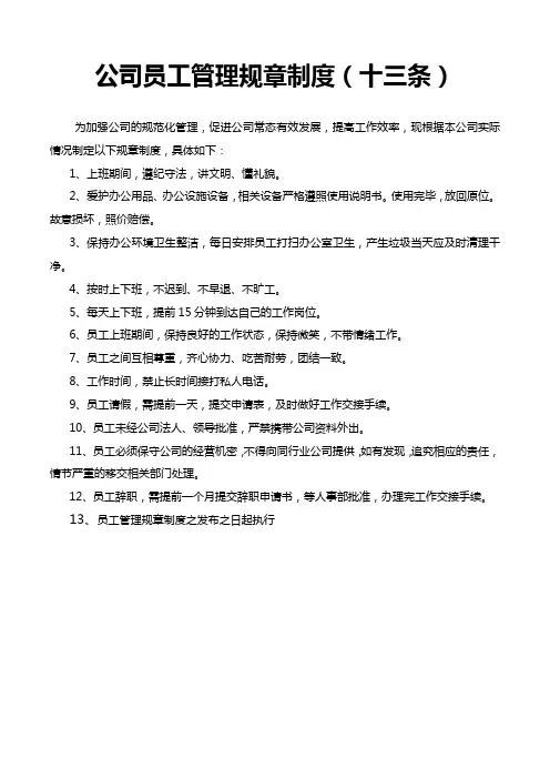 公司员工管理规章制度(十三条)
