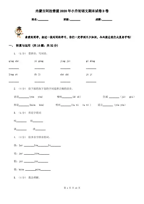 内蒙古阿拉善盟2020年小升初语文期末试卷D卷(考试)