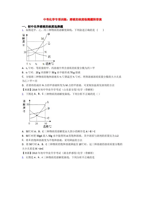 中考化学专项训练：溶液的浓度检测题附答案