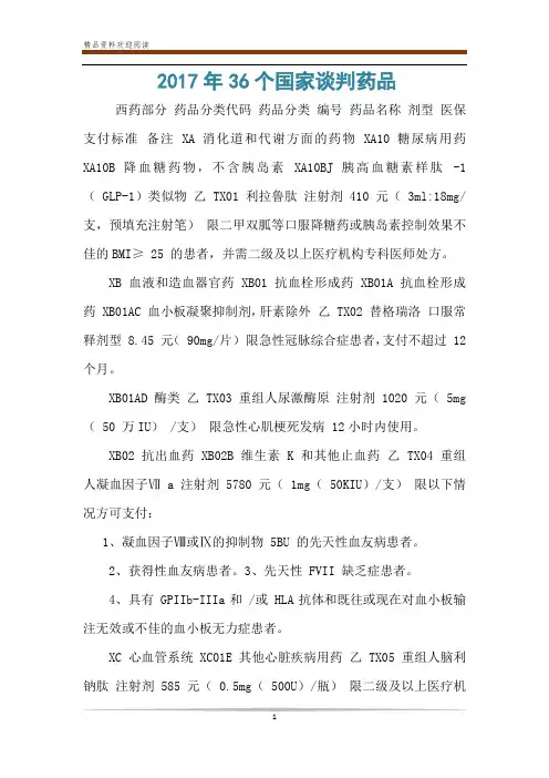 2017年36个国家谈判药品