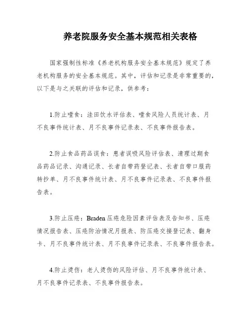 养老院服务安全基本规范相关表格
