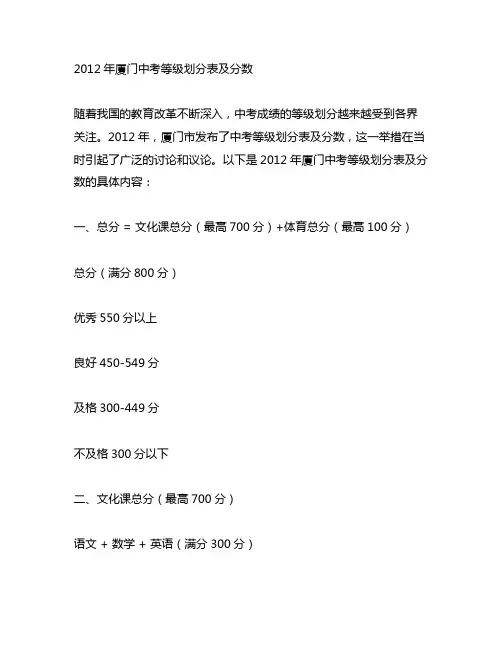 2012年厦门中考等级划分表及分数