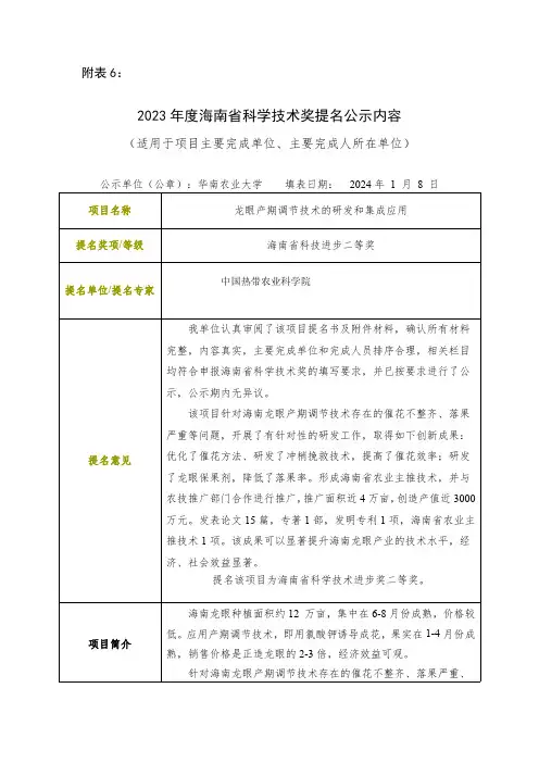2023 年度海南省科学技术奖提名公示内容