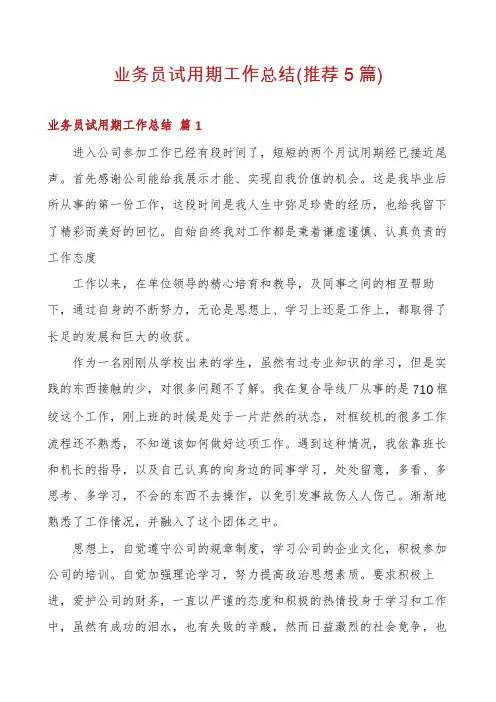 业务员试用期工作总结(推荐5篇)