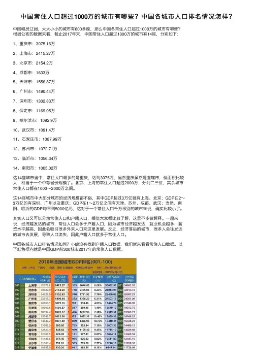中国常住人口超过1000万的城市有哪些？中国各城市人口排名情况怎样？