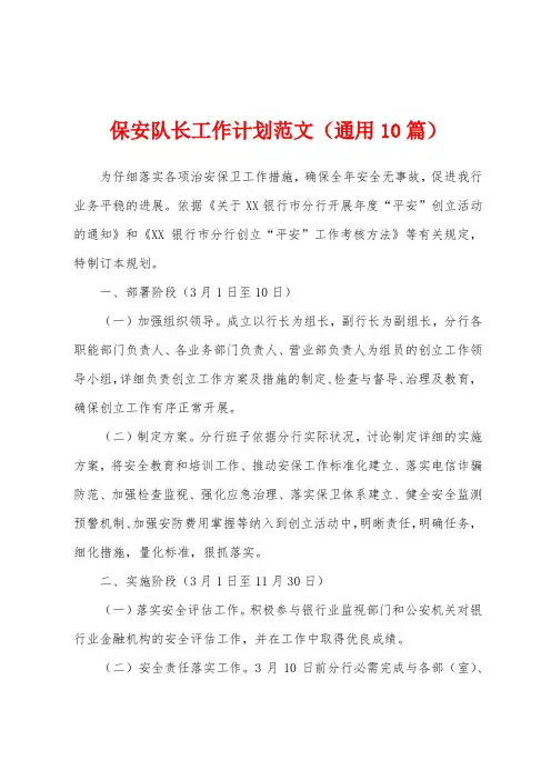 保安队长工作计划范文(通用10篇)