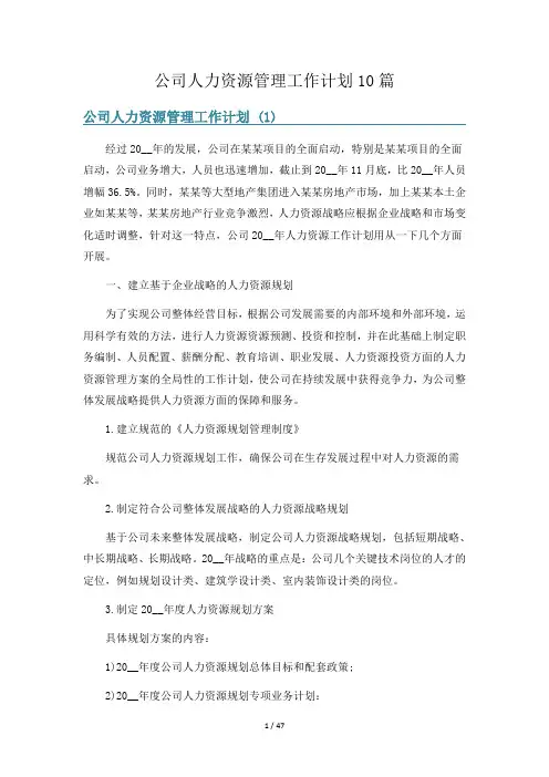 公司人力资源管理工作计划10篇