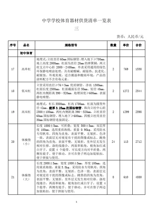 中学学校体育器材供货清单一览表三