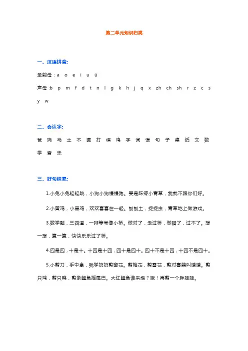 部编版一年级上册语文第二单元知识归类(附练习题)