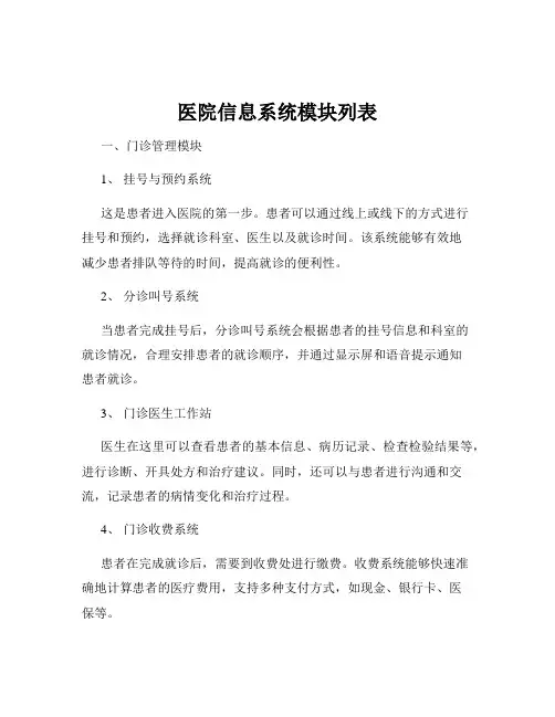 医院信息系统模块列表